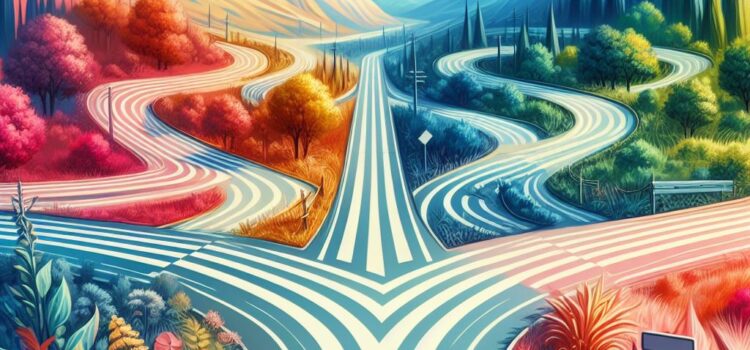 Wege zweigen ab in verschiedene Richtungen. Lebendige Farben, Illustration, KI generiert