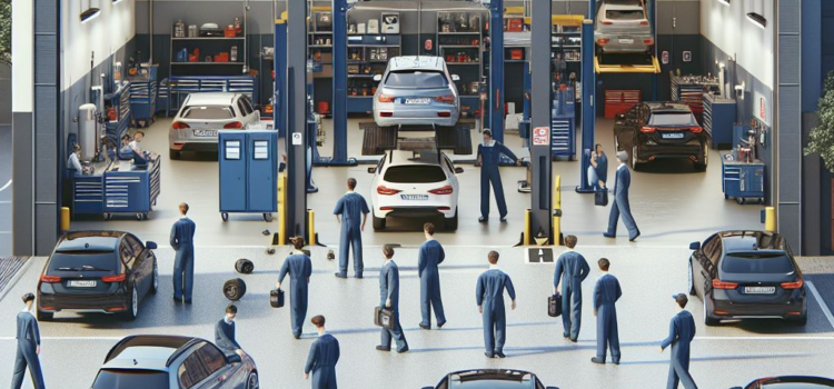 KI-generiertes Bild einer Kfz-Werkstatt mit vielen Autos und arbeitenden Menschen.